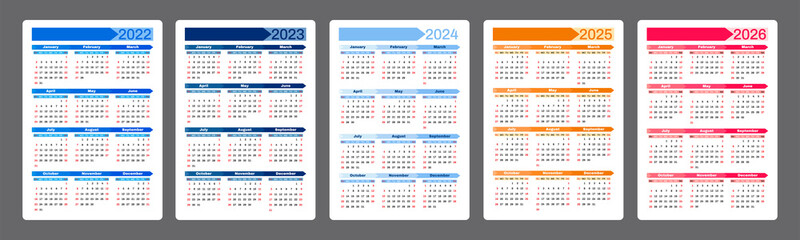 Calendar 2022, 2023, 2024, 2025, 2026. Simple vertical calendar design template. Set of vectors in different colors. Week starts on Sunday.