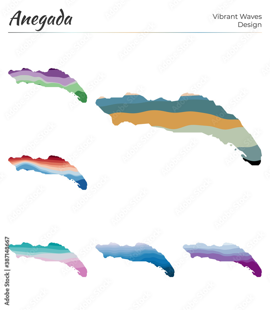Poster set of vector maps of anegada. vibrant waves design. bright map of island in geometric smooth curves