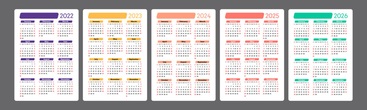 Calendar 2022, 2023, 2024, 2025, 2026. Simple vertical calendar design template. Set of vectors in different colors. Week starts on Sunday.