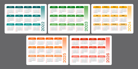 Calendar 2022, 2023, 2024, 2025, 2026. Simple horizontal calendar design template. Set of vectors in different colors. Week starts on Sunday.