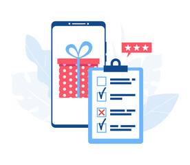 Online survey concept. Smartphone with gift box and questionnaire.