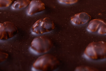 Close up of chocolate bar with hazelnuts.