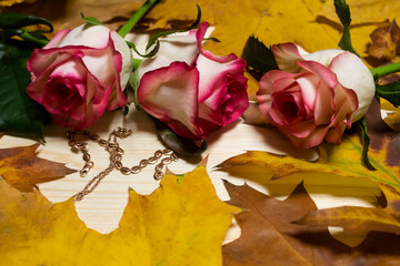 Autumn leaves, three roses, gold jewelry chains and bracelets lie on a wooden background..