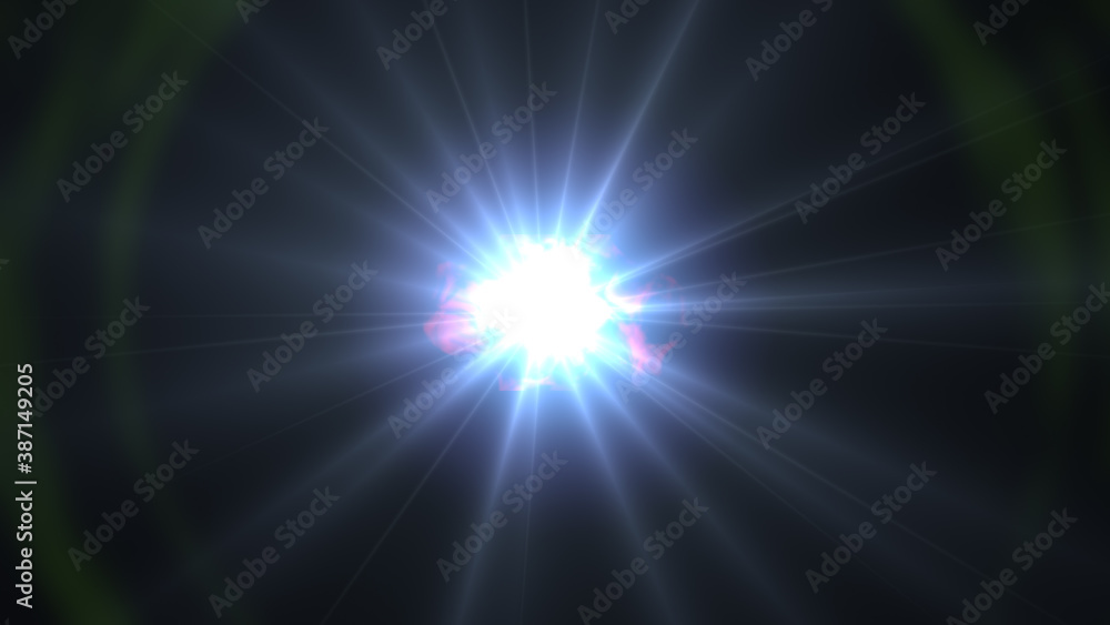 Poster 3d rendering of flare light overlaying on black background.