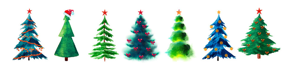 Watercolor fir trees with christmas stars isolated on white.