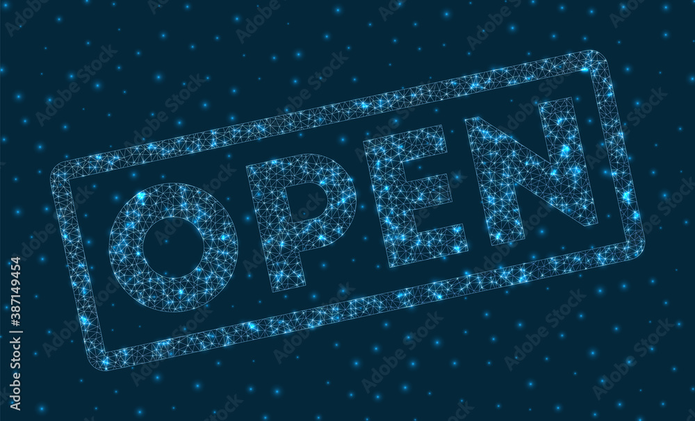 Poster open word in digital style. glowing geometric open badge. artistic vector illustration.