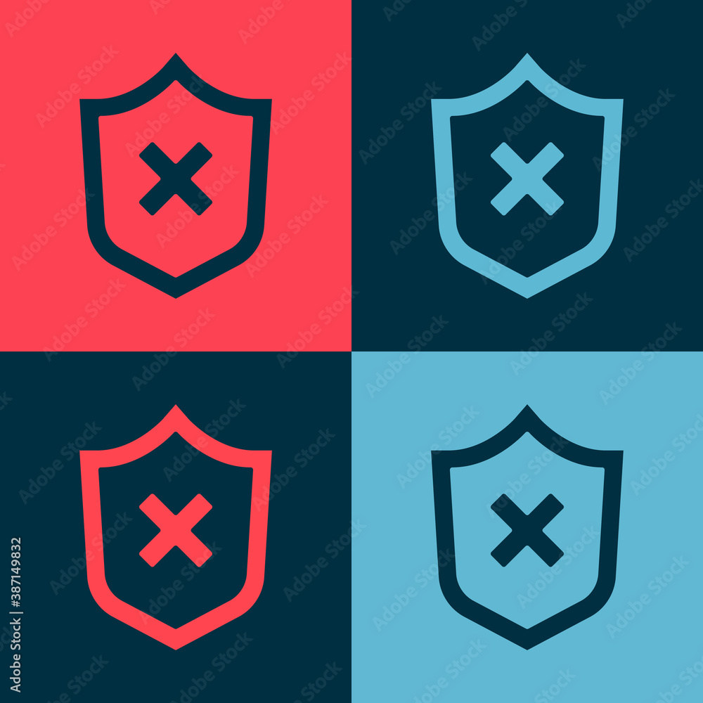 Poster pop art shield with cross mark icon isolated on color background. shield and rejected. notice of ref
