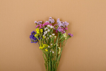 Colorful statice flowers on the beige background. Limonium sinuatum flowers. Beautiful colorful fresh statice flower bouquet. Copy space. Top view.