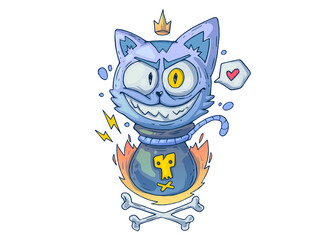 Mad cat in a sack. Creative cartoon illustration. Picture for print, advertising, applications and T-shirt print.