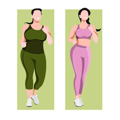 vector illustration on the theme of body positive. active cheerful active girls plus size in sports uniforms (leggings and sports sconces). my body is my business. love your body. you are unique.