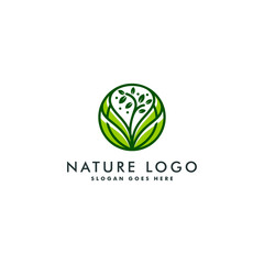 Nature logo with abstract leaf and tree line art style. organic icon design vector logotype