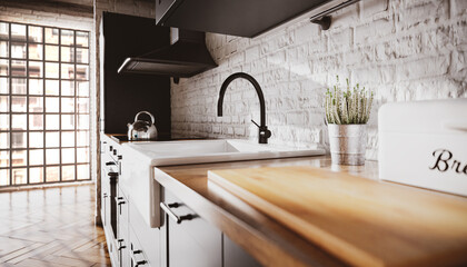 Stylish kitchen with a ceramic sink in a loft interior - focus on the washbasin faucet