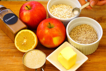 Ingredients for making apple and oat crumbles