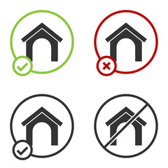 Black Dog house icon isolated on white background. Dog kennel. Circle button. Vector.