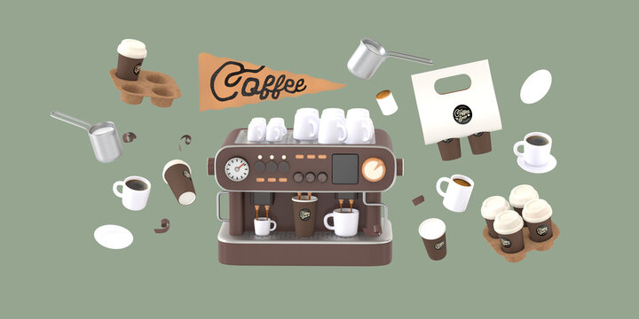 Coffee shop 3D render - coffee machine -modern concept digital illustration of a coffee maker with cups on the top, surrounded by takeout coffee packs and cups. Creative landing web page header