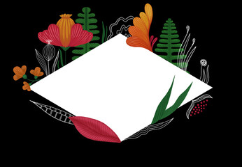 Exotic flowers rhombus frame. Isolated on black background. Colorful composition with botanical elements.