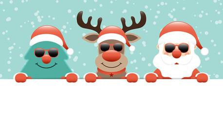 Weihnachtsbaum Rentier Und Weihnachtsmann Sonnenbrille Banner Schnee Türkis