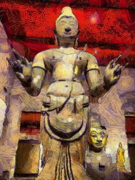 Ancient statues Asian art style Illustrations creates an impressionist style of painting.