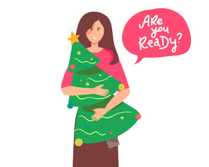 woman holding a Christmas tree. Purchases. Happy Holidays Concept. Christmas Tree with a star and other decorations. vector flat