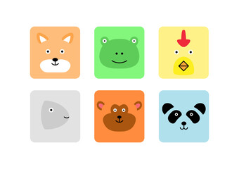 set of rounded colorful square cute face animal panda, fish, fox, frog, monkey, chicken
