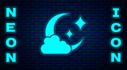 Glowing neon Cloud with moon icon isolated on brick wall background. Cloudy night sign. Sleep dreams symbol. Night or bed time sign. Vector. © Kostiantyn