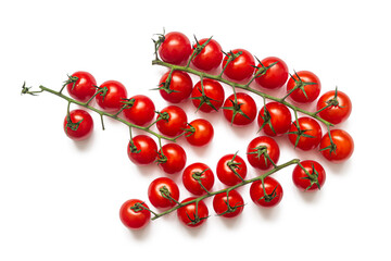 Three clusters of small red cherry tomatoes on a white background