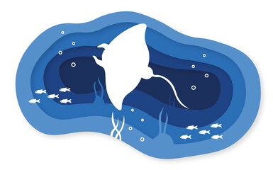 underwater paper cut ocean bottom with sea animals stingray , fish and rock paper layered cave background