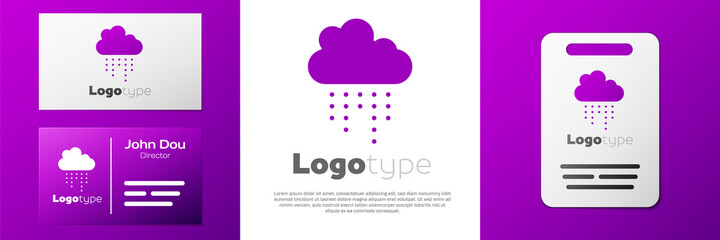 Logotype Cloud with rain icon isolated on white background. Rain cloud precipitation with rain drops. Logo design template element. Vector.