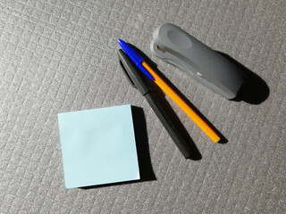 pen, stapler and sticker - stationery, space for text