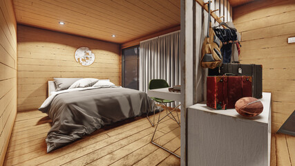 Illuminated Bedroom Design with Wooden Walls Inside an Open Plan House 3D Rendering