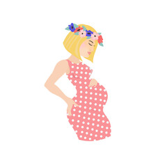 Pregnant european blonde woman wearing floral wreath and pink polka-dot dress. vector illustration.