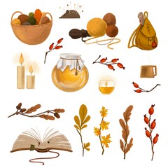 Cozy autumn set. Digital illustration, art, cartoon. Character design, details 