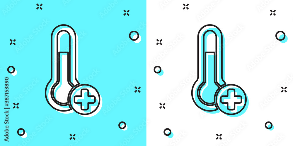 Poster black line meteorology thermometer measuring icon isolated on green and white background. thermomete