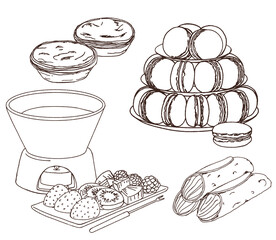 Doodle of dessert, pastel de nata, macaron, chocolate fondue, cannoli