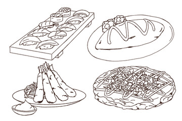 Doodle of Japanese food, sushi, omelette rice, fried shrimp, okonomiyaki