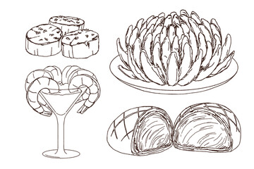 Doodle of Western food, scallop, blooming onion, shrimp cocktail, beef wellington