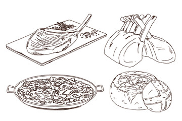 Doodle of Western food, tomahawk, lamb rack, paella, bread soup