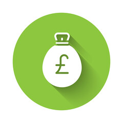 White Money bag with pound icon isolated with long shadow. Pound GBP currency symbol. Green circle button. Vector.