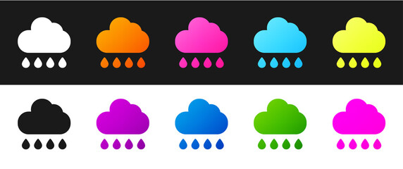 Set Cloud with rain icon isolated on black and white background. Rain cloud precipitation with rain drops. Vector.