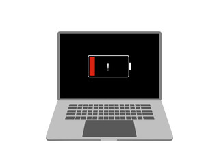 Low battery computer illustration. Red battery message on the screen of an laptop. On a white background.