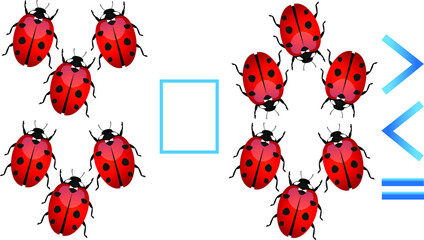 Educational game for children, comparison of the number of ladybirds.