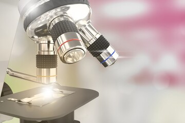 vaccine study concept, laboratory hi-tech scientific microscope with flare on bokeh background - object 3D illustration