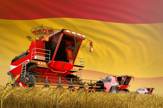 industrial 3D illustration of agricultural combine harvester working on rural field with Spain flag background, food production concept