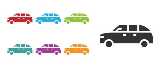 Black Hatchback car icon isolated on white background. Set icons colorful. Vector.