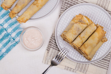 Meat stuffed crepes served with sauce. Top view.