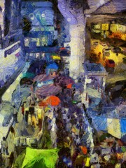 Landscape of a street market in a big city Illustrations creates an impressionist style of painting.