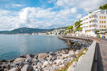 Landscape of Alassio bay from Aurelia, in a sunny day