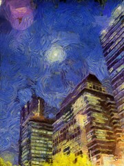 The landscape of the city center Illustrations creates an impressionist style of painting.