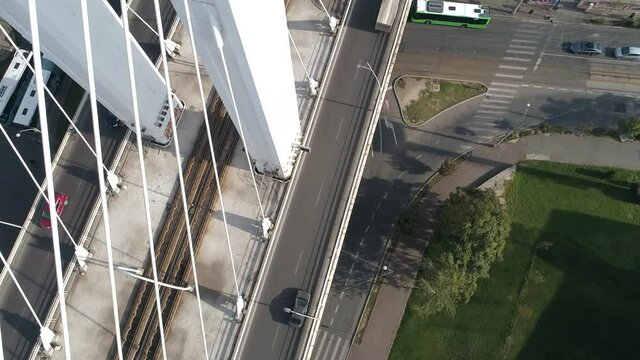 Traffic on the Basarab Suspended Bridge on a sunny day in Bucharest.