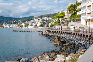 Landscape of Alassio bay from Aurelia, in a sunny day